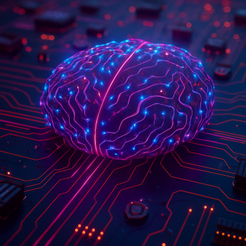 Futuristische 3D-Illustration eines leuchtenden, neuronalen Netzwerks auf einer Platine
