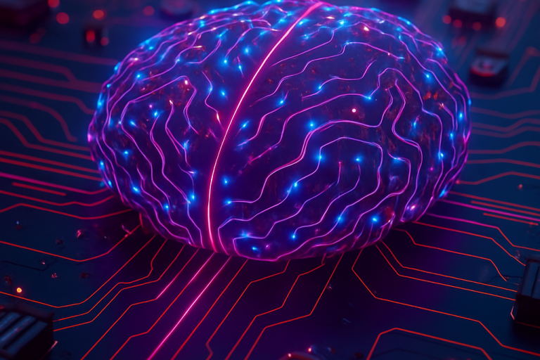 Futuristische 3D-Illustration eines leuchtenden, neuronalen Netzwerks auf einer Platine