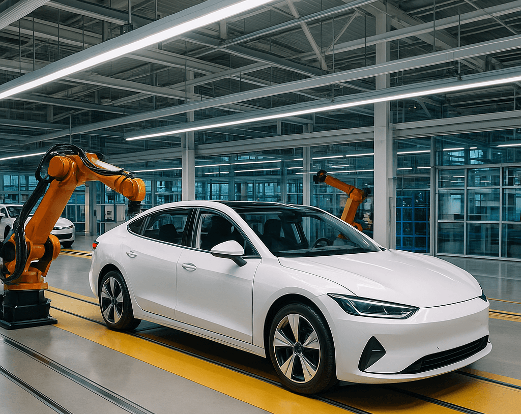 Weißes Elektrofahrzeug an moderner automatisierter Montagelinie mit Industrierobotern in heller Fertigungshalle.