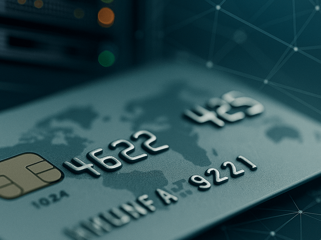 Kreditkarte vor Rechenzentrum als Symbol für digitalen Zahlungsverkehr und Bank-IT