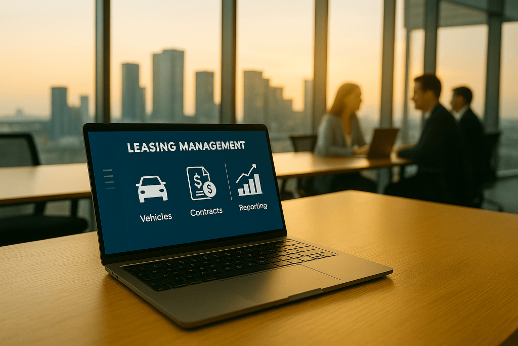 Laptop mit Payment- und Compliance-Dashboard auf Konferenztisch, im Hintergrund Glasbüro bei Sonnenuntergang