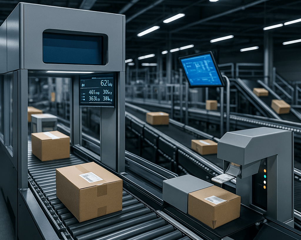 Modernes Paketzentrum mit automatisierten Förderbändern, Kartons, Scannern und digitalen Anzeigen