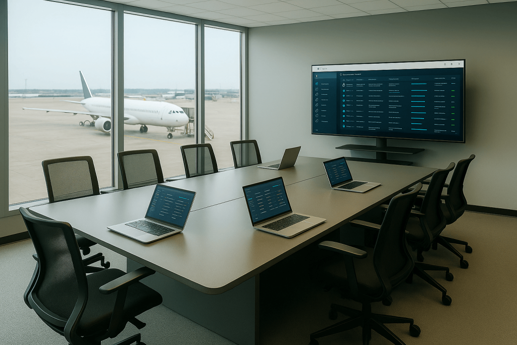 Heller Konferenzraum am Flughafen mit großem Fenster zum Rollfeld, einem Verkehrsflugzeug im Hintergrund sowie Laptops und großem Bildschirm mit Systemoberfläche