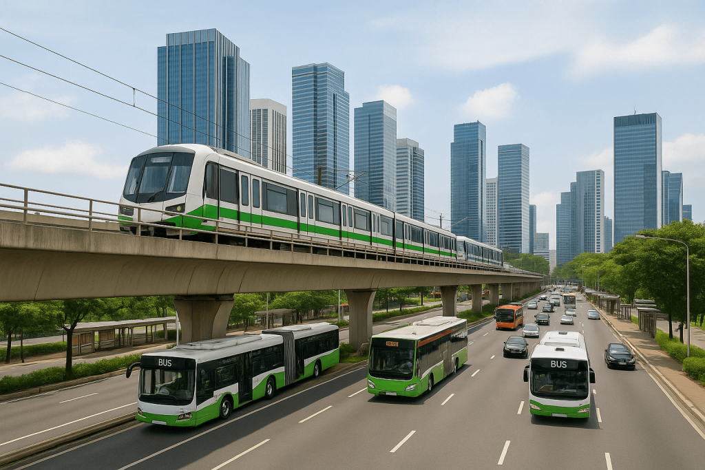 Stadtverkehr am Tag mit moderner Stadtbahn auf Hochgleis sowie mehreren Linienbussen und Autos vor einer Skyline aus Bürohochhäusern