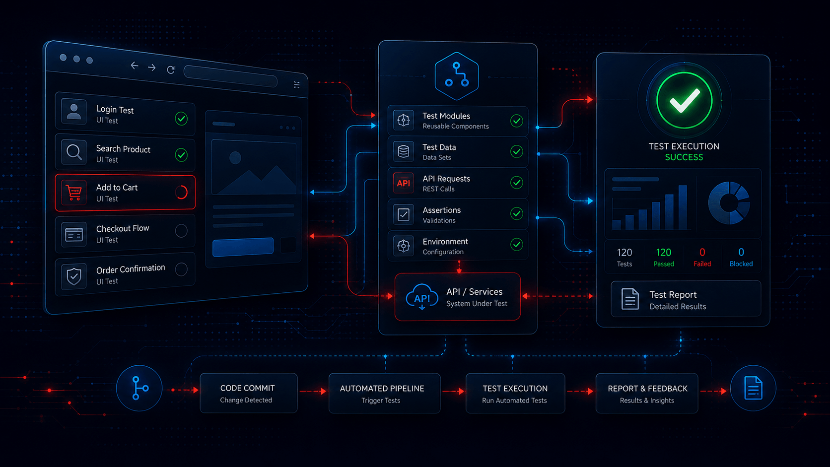 Abstrakte Visualisierung eines Testautomatisierungs-Workflows mit Robot Framework, Selenium, API-Testing, Reporting und CI/CD